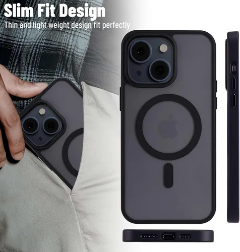 Vista 5 de Funda magnética para iPhone 15, fuerte protección contra caídas de grado militar con protector de pantalla, marco suave y parte trasera mate, a Negro