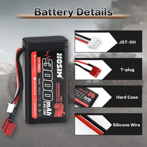 Vista 3 de Hosim 2 baterías Lipo RC Lipo de 7.4 V 15C 3000 mAh con 2 cargadores USB y 1 correa de batería para control remoto de coche RC sin escobillas