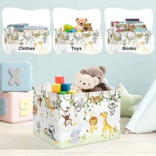 Vista 5 de Clastyle Cesta de bebé con diseño de animales del bosque de vid para niños, caja organizadora de caja de pecho, organizador de guardería, decoración