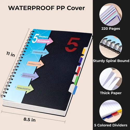 Vista 7 de CAGIE Cuaderno de 5 materias 8.5 x 11, cuadernos en espiral A4 con rayas universitarias, cuaderno en espiral con divisores y pestañas, 220 páginas