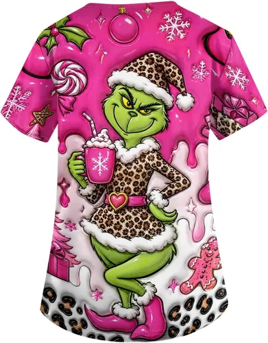 Vista 2 de Camisetas de uniforme médico de Navidad para mujer, talla grande, estampado ##896-Multicolor