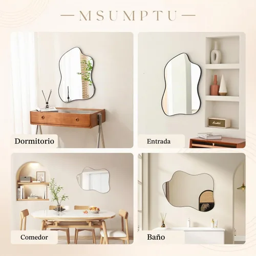 Vista 7 de Espejo de Pared Irregular Negro con Forma de Onda, Espejo de Pared con Marco de Metal para Baño, Dormitorio, Entrada, Sala de Estar, Decoración