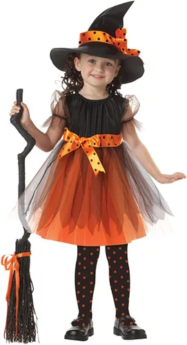 Vista 4 de Disfraz de bruja naranja de Halloween para niñas, disfraz de Halloween para bebé, disfraz de Halloween para cosplay Black Witch