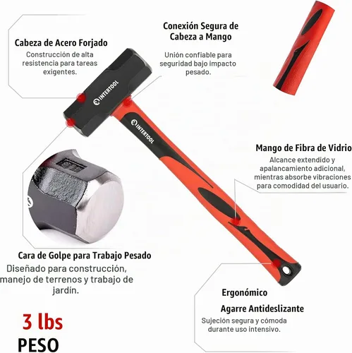 Vista 2 de INTERTOOL Mini martillo de trineo de 3 libras, martillo de perforación/grieta para babosas, martillo pequeño, resistente, con mango antideslizante