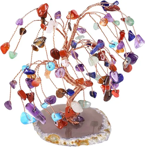 Vista 9 de TUMBEELLUWA Árbol de dinero de cristal curativo con rodajas de ágata, pulido de piedras preciosas pulidas, árbol bonsái, Feng Shui, decoración