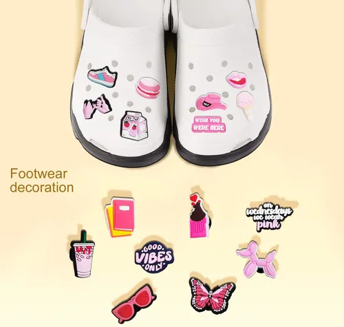 Vista 3 de IOKUKI 35 dijes rosados para zapatos para niñas y mujeres, decoración estética de zapatos para sandalias de zuecos, regalos de fiesta rosa