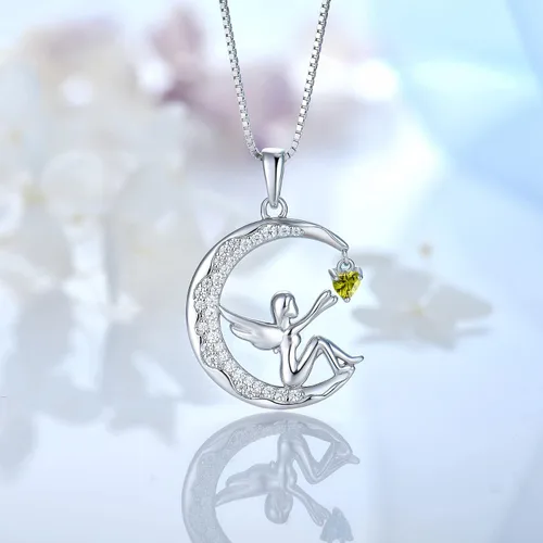 Vista 3 de FJ Collar de luna de hadas para mujer, collar de ángel de luna creciente, chapado en plata de ley, oro blanco de 18 quilates, Circonia cúbica