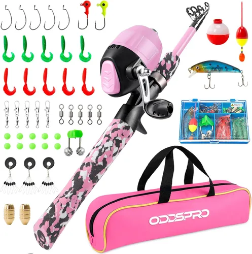 Vista 12 de ODDSPRO Caña de pescar para niños, kit combinado de caña de pescar y carrete telescópico portátil para niños, con caja de aparejos de pesca Spincast