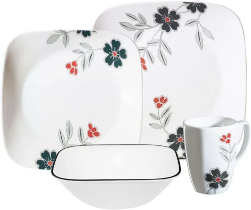 Vista 3 de Corelle juego de vajilla cuadrada/redonda de 16 piezas, Blushing Rose, Blushing Rose