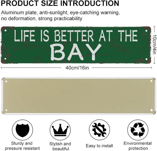 Vista 2 de Letrero de metal vintage con texto en inglés «Life Is Better At The Bay», clásico retro, de 4 x 16 pulgadas, letreros de metal de calle divertidos