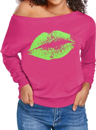 Vista 6 de Sweatshirt for Women Off The Shoulder Tops Long Sleeve Sweatshirts Oversized Sweaters Shirts 02-Rosa Rojo