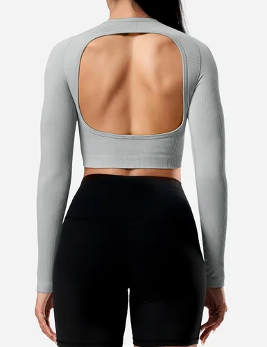 Vista 5 de YEOREO Janelle - Camiseta de manga larga acanalada con espalda abierta para mujer, camiseta deportiva para entrenamiento, yoga, gimnasio