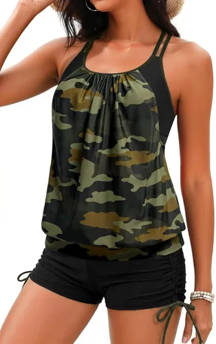 Vista 28 de Holipick Trajes de baño tankini de dos piezas con control abdominal, top de baño tipo blusa con shorts estilo boy shorts Verde Aqua