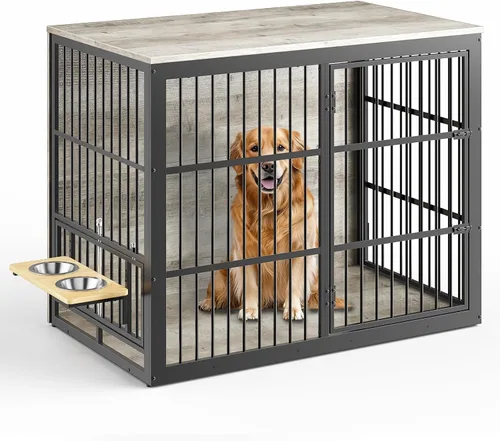 Vista 8 de Lyromix Mueble de jaula para perros XXL de 48 pulgadas con alimentador giratorio, mesa auxiliar de madera grande, jaula de interior resistente