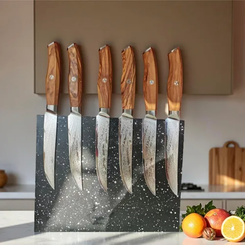 Vista 2 de Juego de 6 cuchillos para carne Damasco Premium no dentados con mango de madera de olivo natural, cuchillas de acero japonés de borde recto de 67