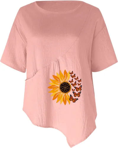 Vista 4 de Muscularfit Summer Tops for Women 2023 Trendy Cotton Linen Shirts Dressy Casual Crew Neck Short Sleeve Plain Blouse Work Tees