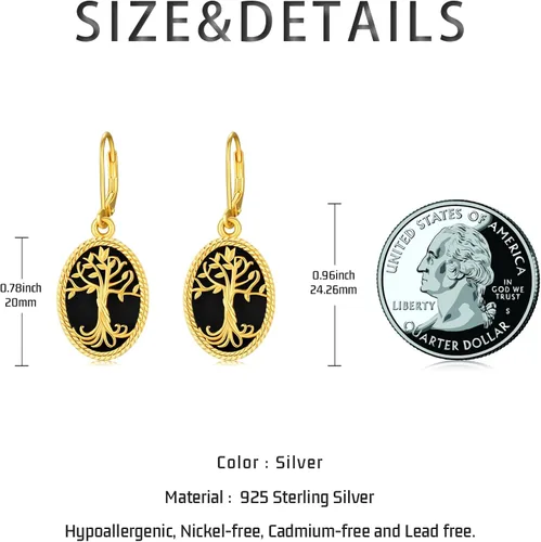 Vista 5 de Aretes colgantes de árbol de la vida de ónix negro, plata de ley 925, oro y árbol de la vida, joyería de regalo para mujeres y mamá, Plata de ley