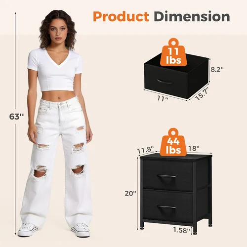 Vista 3 de Sweetcrispy - Mesita de noche pequeña con 2 cajones de tela, mesa auxiliar para dormitorio, para mesita de noche de 20 pulgadas de alto para Negro