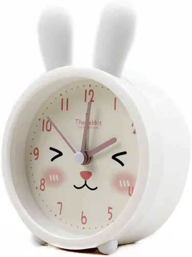Vista 3 de Reloj despertador de silicona silencioso sin tictac para niños, con diseño de animal, para viajes, con luz nocturna (A- conejo blanco)