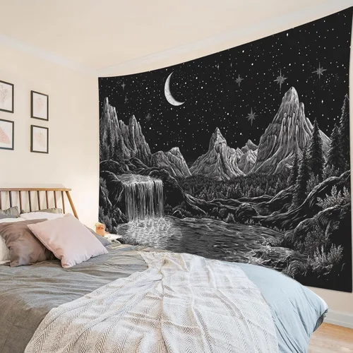 Vista 3 de HVEST Tapiz de montaña blanco y negro para colgar en la pared, diseño de luna psicodélica, galaxia, espacio, árbol, bosque, naturaleza, paisaje