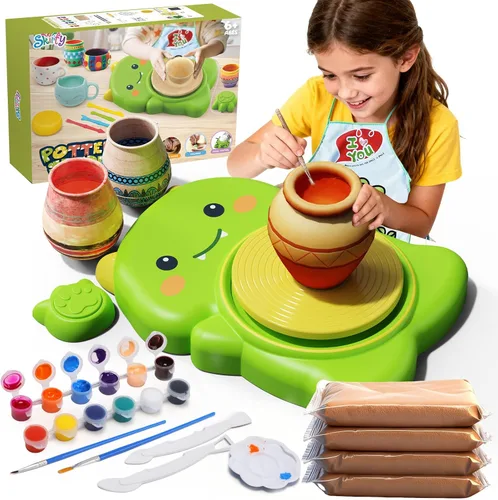 Vista 7 de Skirfy Mini Kit de Máquina de Torno de Alfarería para Principiantes Niños con Luz, Torno Eléctrico de Cerámica con Pedal de Pie y Kit de Pintura
