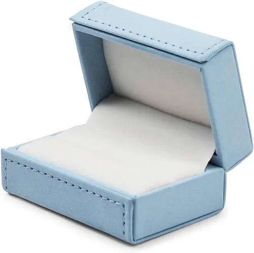 Vista 4 de Oirlv Caja de anillos dobles de cuero azul para boda, propuesta, compromiso.