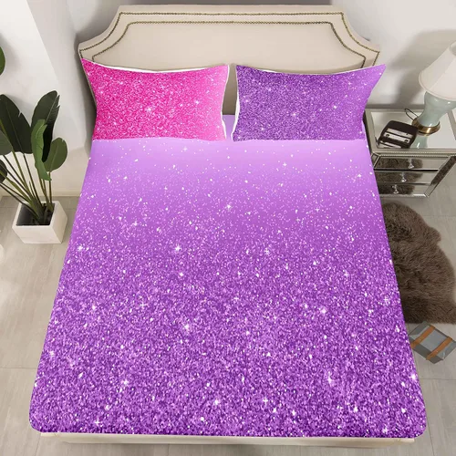 Vista 2 de jejeloiu Juego de sábanas de 4 piezas con purpurina tamaño matrimonial, color rosa, morado, pastel, suave, transpirable