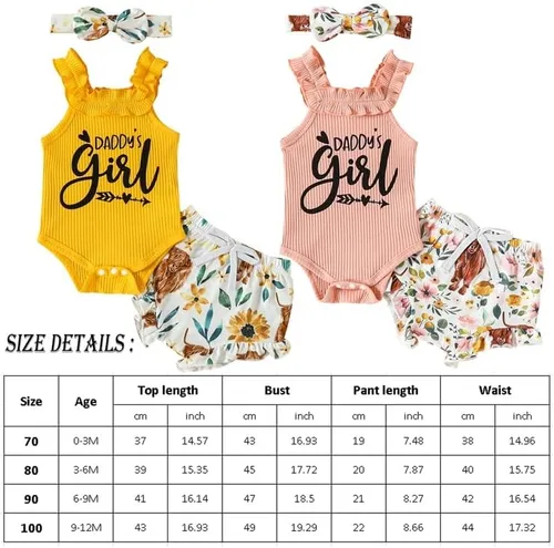 Vista 9 de Ropa para bebé niña Daddys Girls Ruffle Romper Top Manga Corta Body Floral Tutu Shorts Conjunto Recién Nacido Verano Traje
