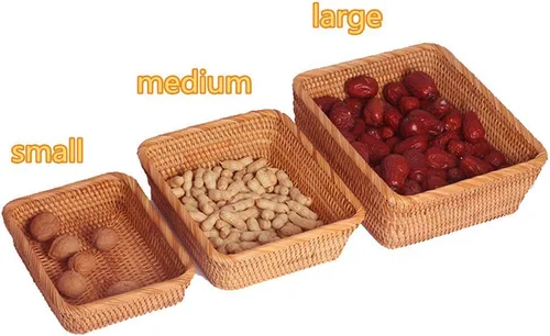 Vista 5 de Cesta rectangular hecha a mano de ratán para frutas, 9.1 pulgadas, cesta tejida a mano, bandeja de alimentos para servir, soporte organizador