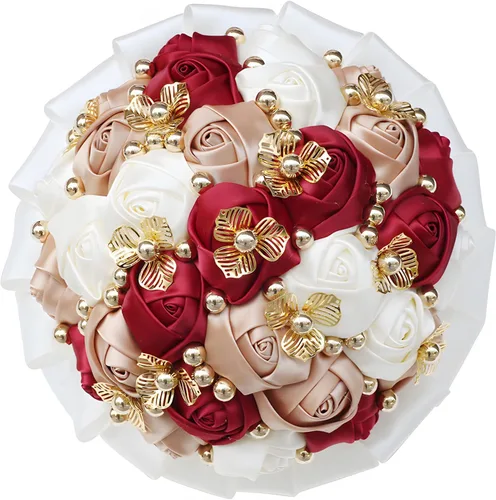 Vista 9 de Ramo de boda de 7 pulgadas, ramo de flores de satén para dama de honor, botón dorado, ramo de flores artificiales para bodas en interiores Negro