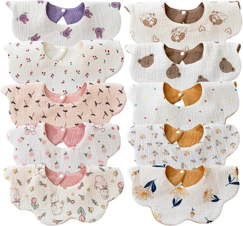 Vista 11 de Baberos de muselina para bebé niña niño para babeo y dentición, paquete de 10 Soft organic cotton muslin bibs for drooling, teething and feeding.