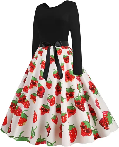 Vista 5 de Vestido de Halloween para mujer estampado de moda manga larga cuello redondo vestido casual con dobladillo