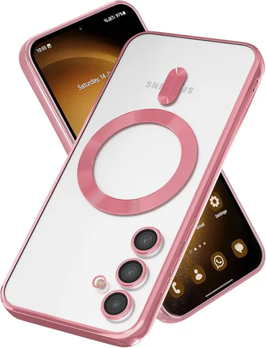 Vista 9 de Funda magnética para Samsung Galaxy S23, borde galvanizado, parte trasera transparente, funda protectora delgada con protección de cámara, Rosa