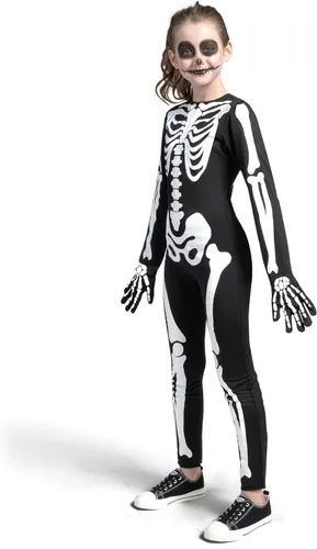 Vista 7 de Spooktacular Creations Disfraz de esqueleto de Halloween para niños, overol unisex de esqueleto que brilla en la oscuridad con guantes para niños