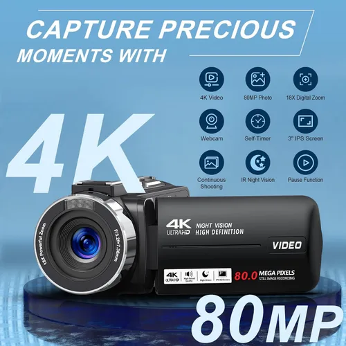 Vista 2 de Videocámara 4K HD 80MP Cámara de vídeo 18X Zoom digital 3.0 IPS Pantalla Vlogging Cámara para YouTube IR Visión Nocturna Grabadora de Video
