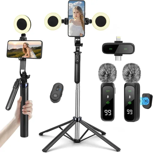 Vista 9 de Trípode de teléfono de 70 pulgadas y palo selfie con luz, soporte de trípode de metal con control remoto inalámbrico, trípode portátil para selfie