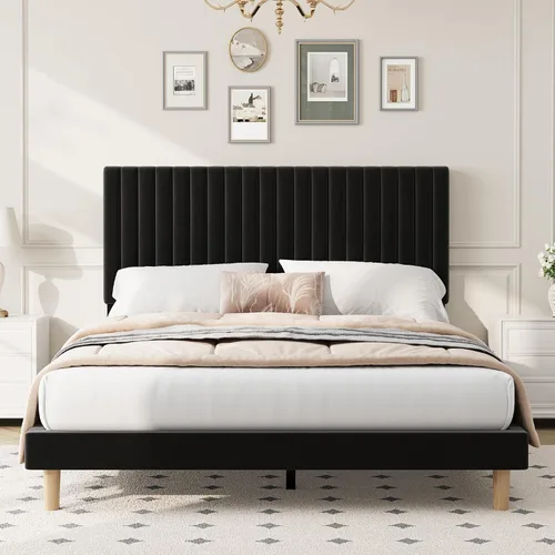 Vista 13 de IDEALHOUSE Base de cama individual con cabecera ajustable, plataforma tapizada de terciopelo, marco de cama tamaño individual, canal vertical Beige