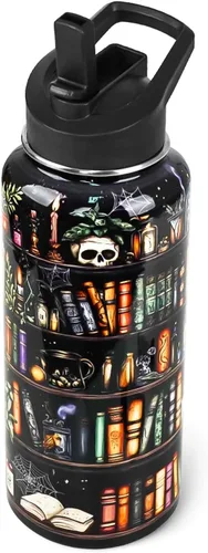 Vista 10 de Botella de agua gótica con pajillas, botella aislada de Halloween, murciélagos góticos, viajes, térmica, de doble pared, al vacío, a prueba