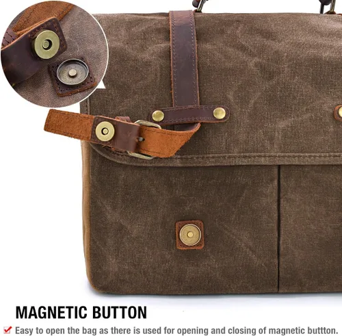 Vista 8 de Bolso mensajero para hombre de 15.6 pulgadas, impermeable, de cuero auténtico, encerado, maletín de lona grande, bolso de hombro de cuero resistente