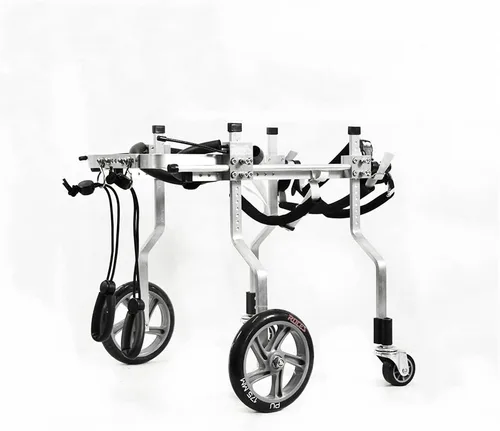 Vista 9 de Silla de ruedas para perros para patas delanteras, silla de ruedas ajustable para gatos de 4 ruedas con cinturón de vientre, carrito de mascotas