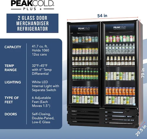Vista 6 de PEAKCOLD + Refrigerador vertical de 2 puertas - Refrigerador comercial negro de 41.7 pies cúbicos de bajo consumo con puertas de vidrio