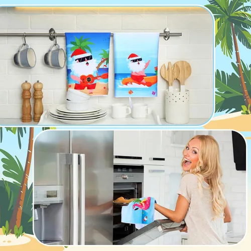Vista 2 de Geyoga 6 Pcs Christmas in July Kitchen Towels Decor 16 x 24 Inch Absorbent Summer Christmas Dish Towels Beach Xmas Santa Hand Tea Cloths for Holiday