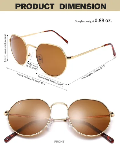 Vista 5 de Pro Acme Gafas de sol redondas de polígono, marco de metal grande, lentes de vidrio 100% real, 2.087 in