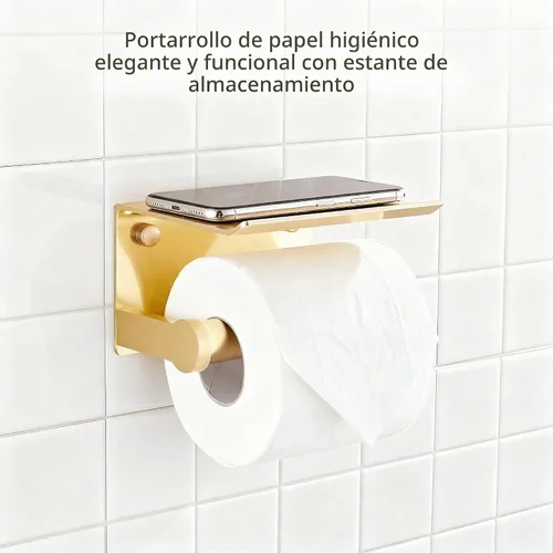 Vista 2 de Youda - Soporte de papel higiénico dorado con soporte de pared para estante, autoadhesivo o montaje con tornillo, aluminio inoxidable, se adapta a