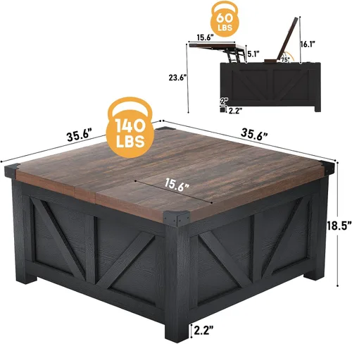 Vista 2 de jimeimen - Mesa de centro elevable de estilo granja con almacenamiento, mesa central cuadrada de madera con estación de carga y puerto USB, mesa