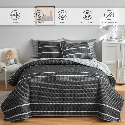 Vista 3 de Flysheep Juego de edredón bohemio gris oscuro tamaño individual para niños, 2 piezas de edredón reversible a rayas blancas sobre negro, colcha