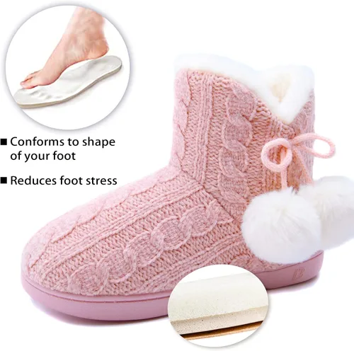 Vista 4 de DL Pantuflas de mujer cálidas para el hogar, esponjosas y lindas para el invierno, cómodas botas de espuma viscoelástica de punto trenzado, botas
