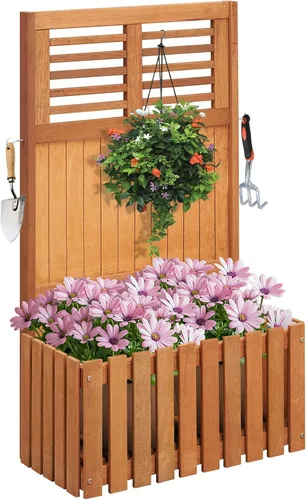 Vista 12 de Giantex Cama de jardín elevada de madera con enrejado, maceta para exteriores con base abierta para plantas trepadoras, profundidad de plantación
