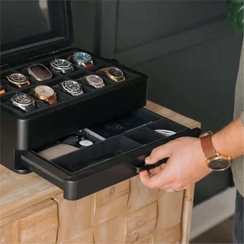 Vista 7 de CASE ELEGANCE Edición Negra Caja Organizadora Militar de 10 Ranuras para Relojes para Hombres, Parte Superior de Cristal Real, Bandeja Modular Negro