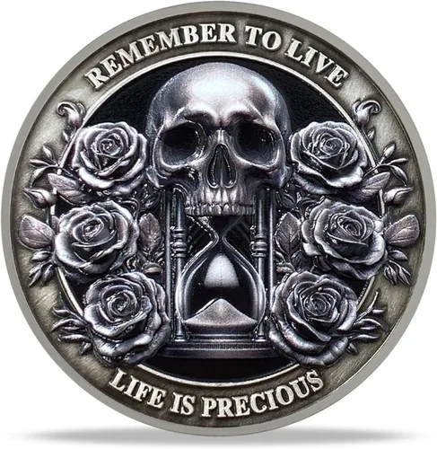 Vista 2 de Moneda Memento Mori Reloj de arena Cráneo Tiempo Mortalidad Moneda estoica Amor Fati Moneda Memento Vivere Carpe Cráneo Coleccionable Recuerdo